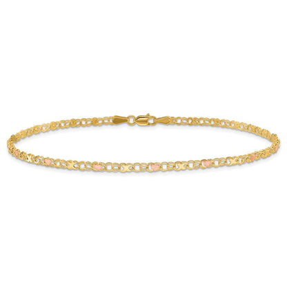 14K Two-Tone Gold Polished and Satin -plated X-and-Heart 10 Inch Anklet