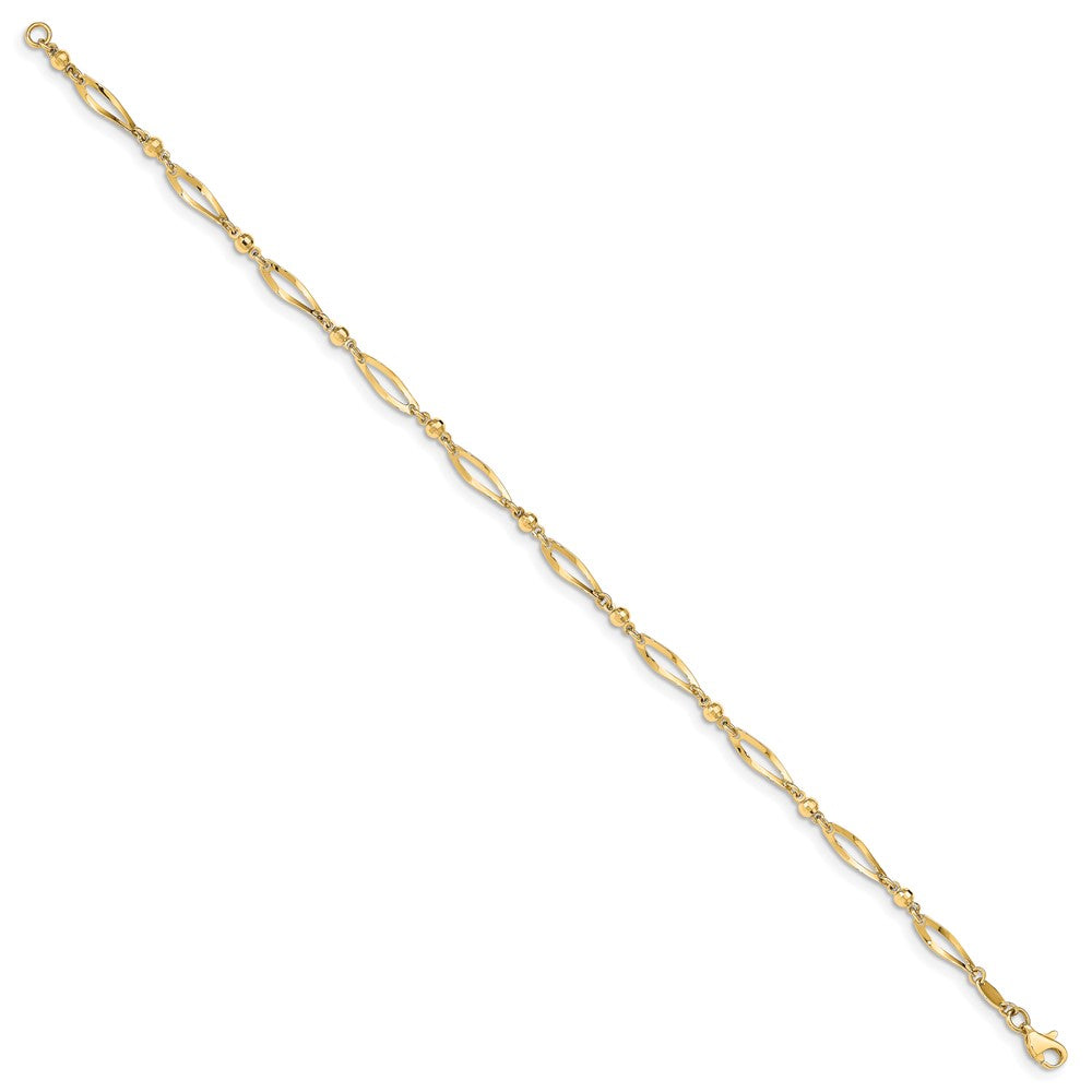 14K Yellow Gold Polished Twisted Oval and Mirror Beads 9 Inch Anklet