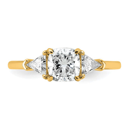 14K Yellow Gold 1 1/2 carat Certified Lab Grown Diamond VS+ F+ Cushion and Triangle Complete Three Stone Engagement Ring