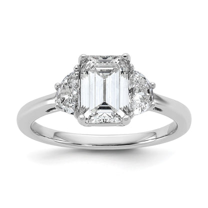 14K White Gold 1/2 carat Lab Grown Diamond VS+ F+ Semi Mount Emerald and Half Moon Three Stone Engagement Ring