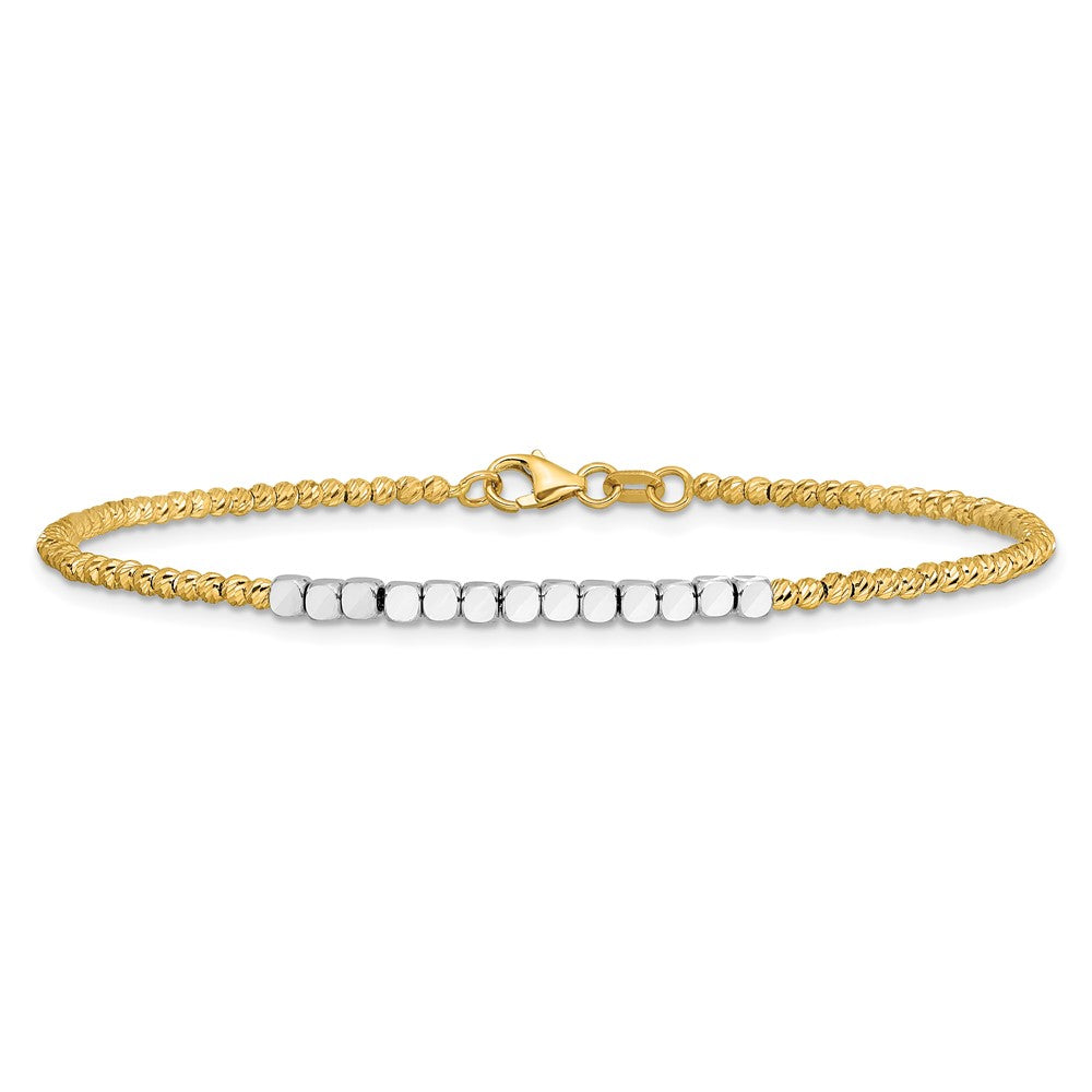 14K Two-Tone Gold Two-tone Diamond-cut Square and Round Beaded 7.5 Inch Bracelet