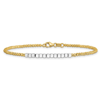 14K Two-Tone Gold Two-tone Diamond-cut Square and Round Beaded 7.5 Inch Bracelet