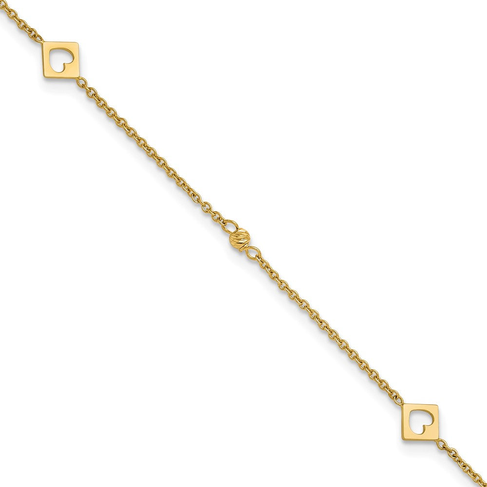 14K Yellow Gold Polished Cut-out Hearts and Diamond-cut Beads 9 Inch Plus 1 Inch Extender - Total 10 Inch Anklet