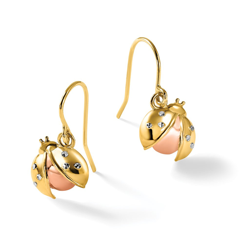 14K Yellow Gold with and Rhodium Diamond-cut Ladybug Dangle French Hook Earrings