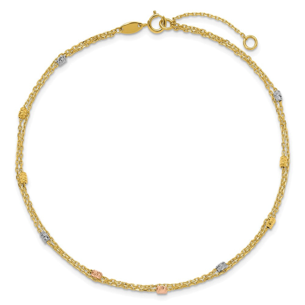14K Tri-Color Gold Tri-color Diamond-cut Beads 2-Strand 9 Inch Plus 1 Inch Extender - Total 10 Inch Anklet