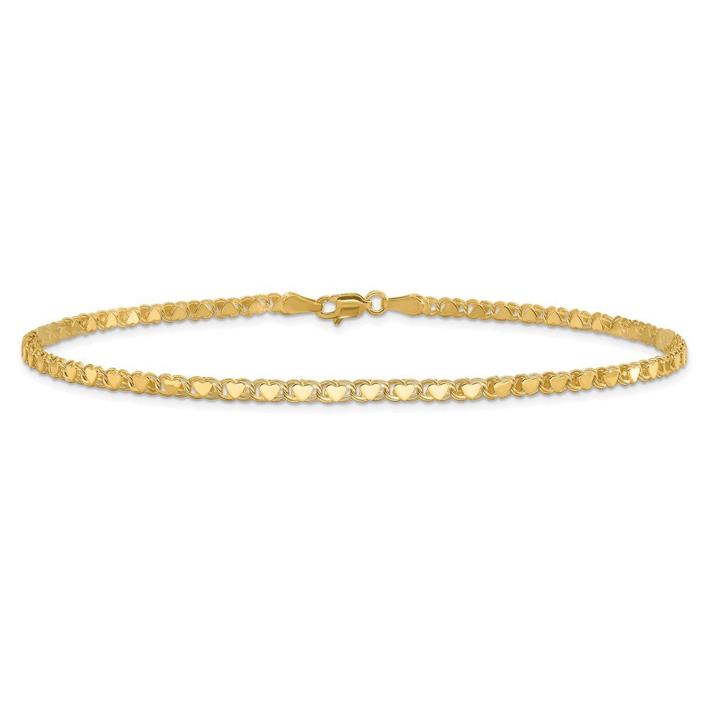 14K Yellow Gold Polished Double-Sided Hearts Double Link 10 Inch Anklet