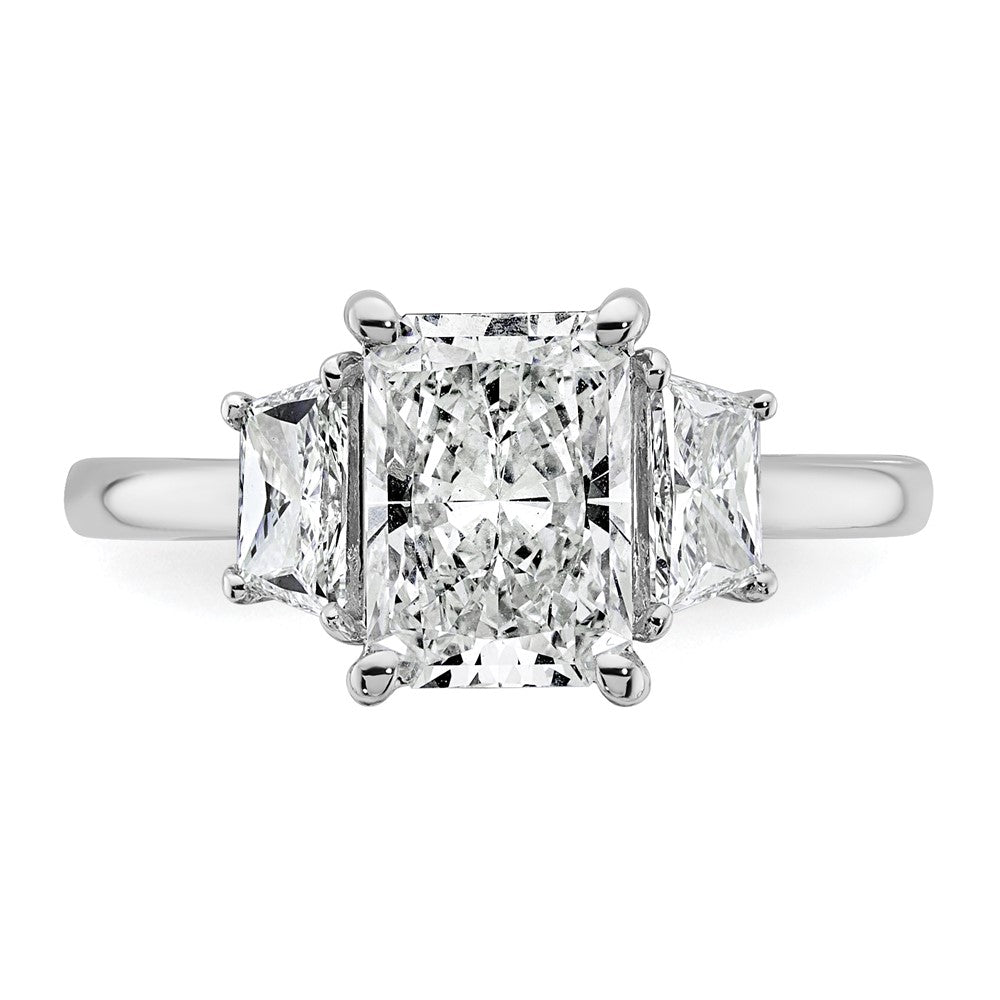 14K White Gold 3/4 carat Lab Grown Diamond VS+ F+ Trapezoid 2 carat Radiant Center Semi Mount Three Stone Engagement Ring