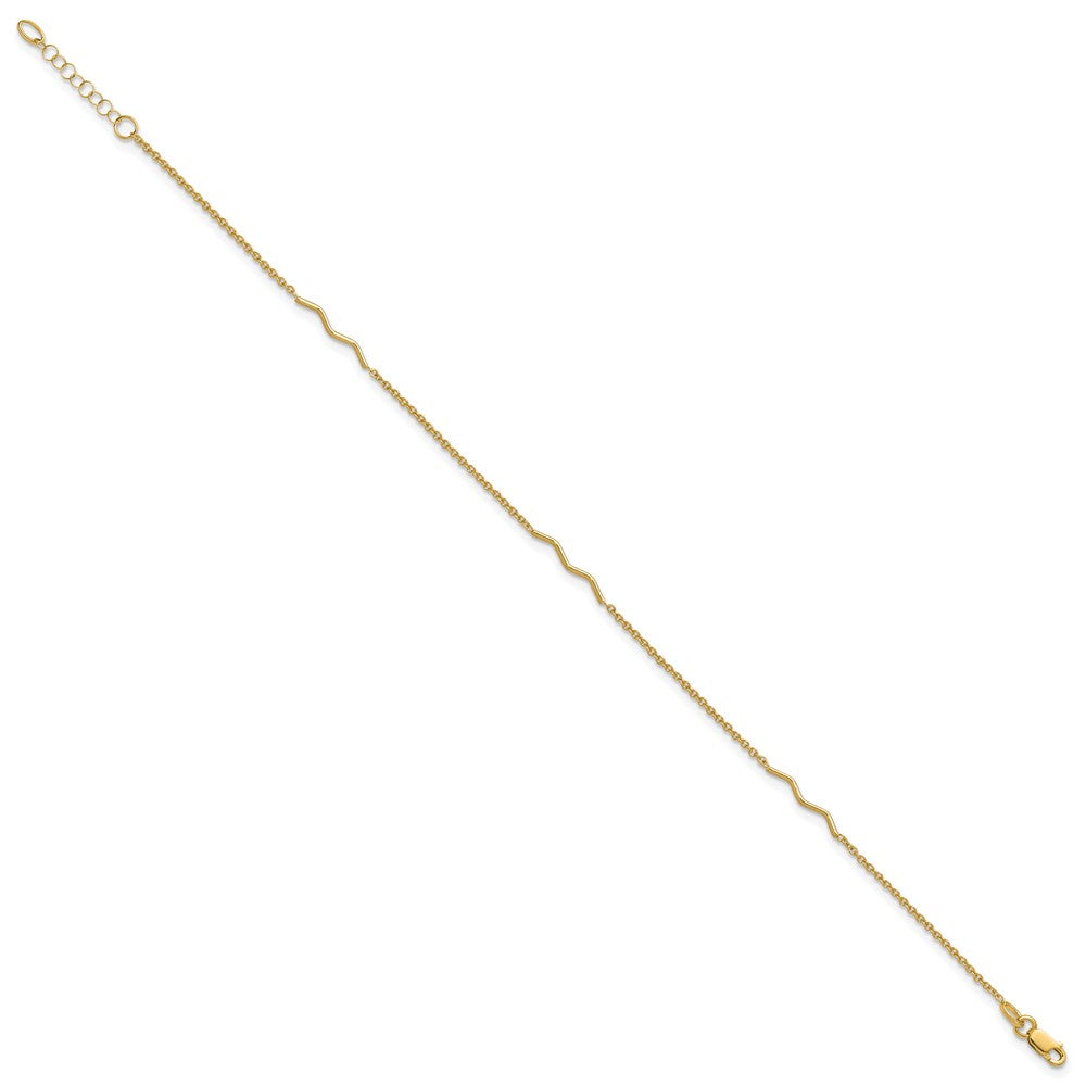 14K Yellow Gold Wavy Bar 3-Station 9 Inch Plus 1 Inch Extender - Total 10 Inch Anklet