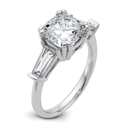 14K White Gold 3 3/4 carat Lab Grown Diamond VS+ F+ Cushion and Tapered Baguette Complete Three Stone Engagement Ring