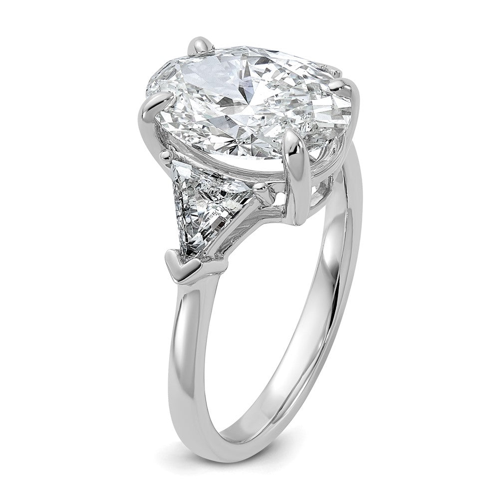 14K White Gold 1 1/8 carat Lab Grown Diamond VS/SI+ G+ Trillion and 3 carat Oval Center Semi Mount Three Stone Engagement Ring
