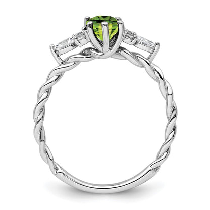 14K White Gold Diamond and 7x5 Oval August/Peridot Size 7 Twisted Ring