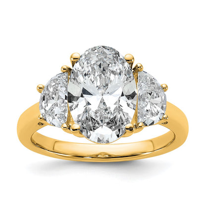 14K Yellow Gold 1 carat Lab Grown Diamond VS+ F+ Half Moon and 3 carat Oval Center Semi Mount Three Stone Engagement Ring