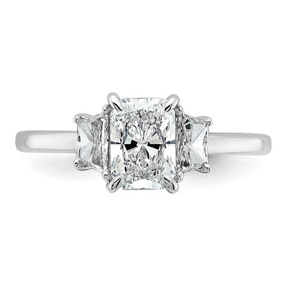 14K White Gold 1 3/8 carat Lab Grown Diamond VS+ F+ Radiant and Trapezoid Complete Three Stone Engagement Ring