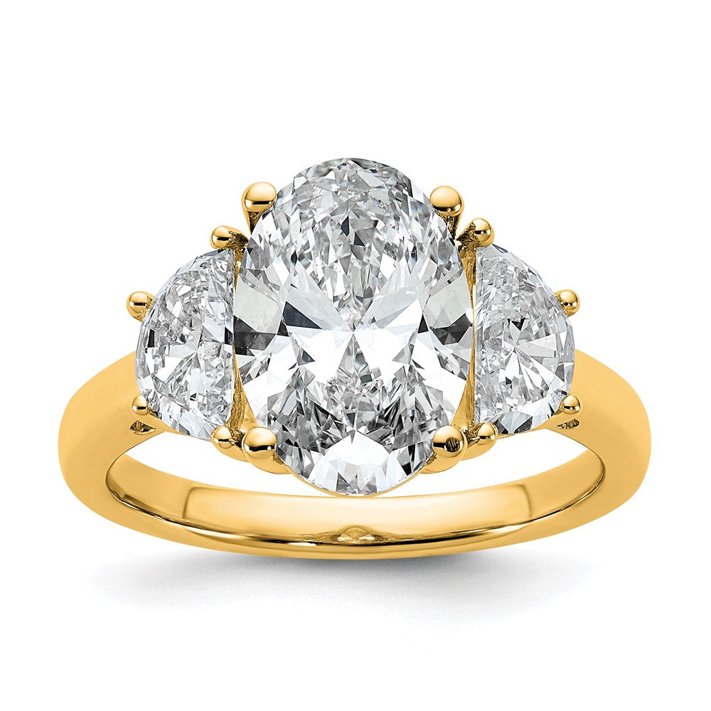 14K Yellow Gold 1 carat Lab Grown Diamond VS/SI+ G+ Half Moon and 3 carat Oval Center Semi Mount Three Stone Engagement Ring