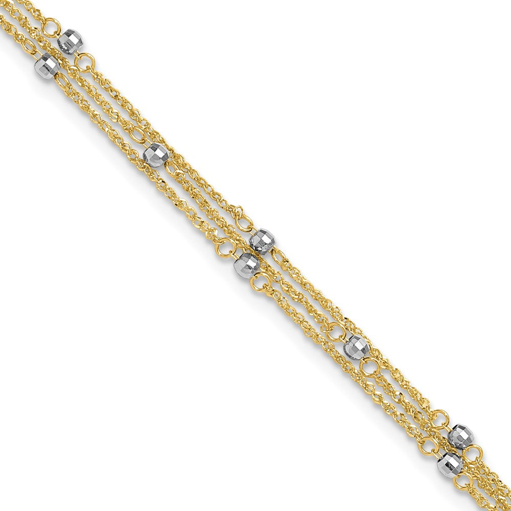 14K Two-Tone Gold Two-tone 3-Strand Chain with Mirror Beads 9 Inch Plus 1 Inch Extender - Total 10 Inch Anklet