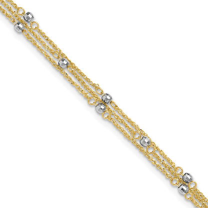 14K Two-Tone Gold Two-tone 3-Strand Chain with Mirror Beads 9 Inch Plus 1 Inch Extender - Total 10 Inch Anklet