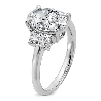 14K White Gold 3 1/3 carat Certified Lab Grown Diamond VS+ F+ Oval and Trapezoid Complete Three Stone Engagement Ring