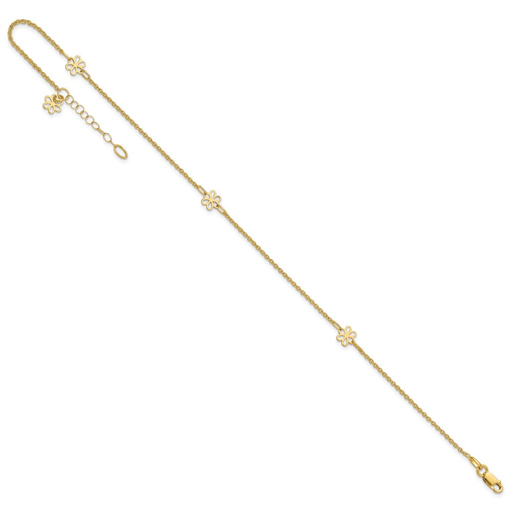 14K Yellow Gold Flowers 3-Station with Flower Dangle 10 Inch Plus 1 Inch Extender - Total 11 Inch Anklet