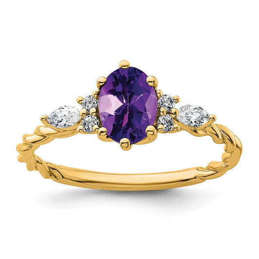 14K Yellow Gold Diamond and 7x5 Oval February/Amethyst Size 7 Twisted Ring