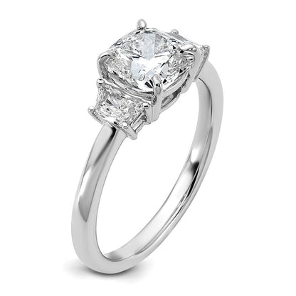 14K White Gold  3/8 carat Lab Grown Diamond VS+ F+ Half Moon 1 1/2 carat Cushion Center Semi Mount Three Stone Engagement Ring