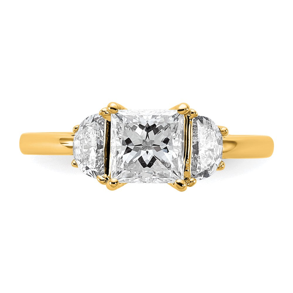 14K Yellow Gold 3/8 carat Lab Grown Diamond VS/SI+ G+ Half Moon 1 carat Princess Center Semi Mount Three Stone Engagement Ring
