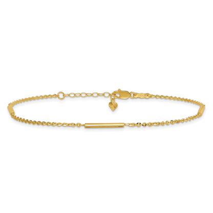 14K Yellow Gold Cable Chain and Bar 3-Station 9 Inch Plus 1 Inch Extender - Total 10 Inch Anklet