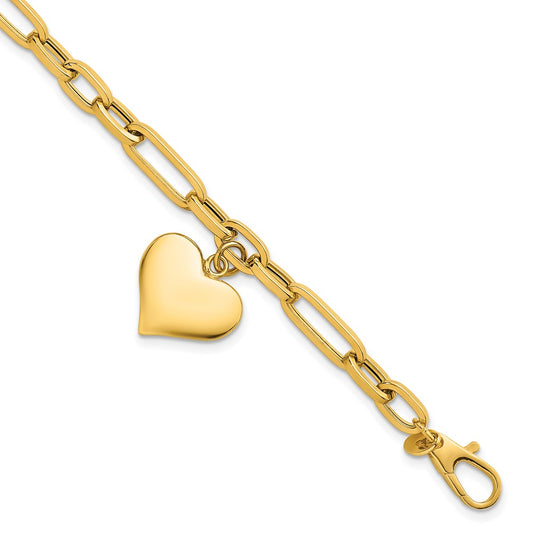 14K Yellow Gold Polished Paperclip Figaro Link With Puffed Heart Dangle 7.5 Inch Bracelet