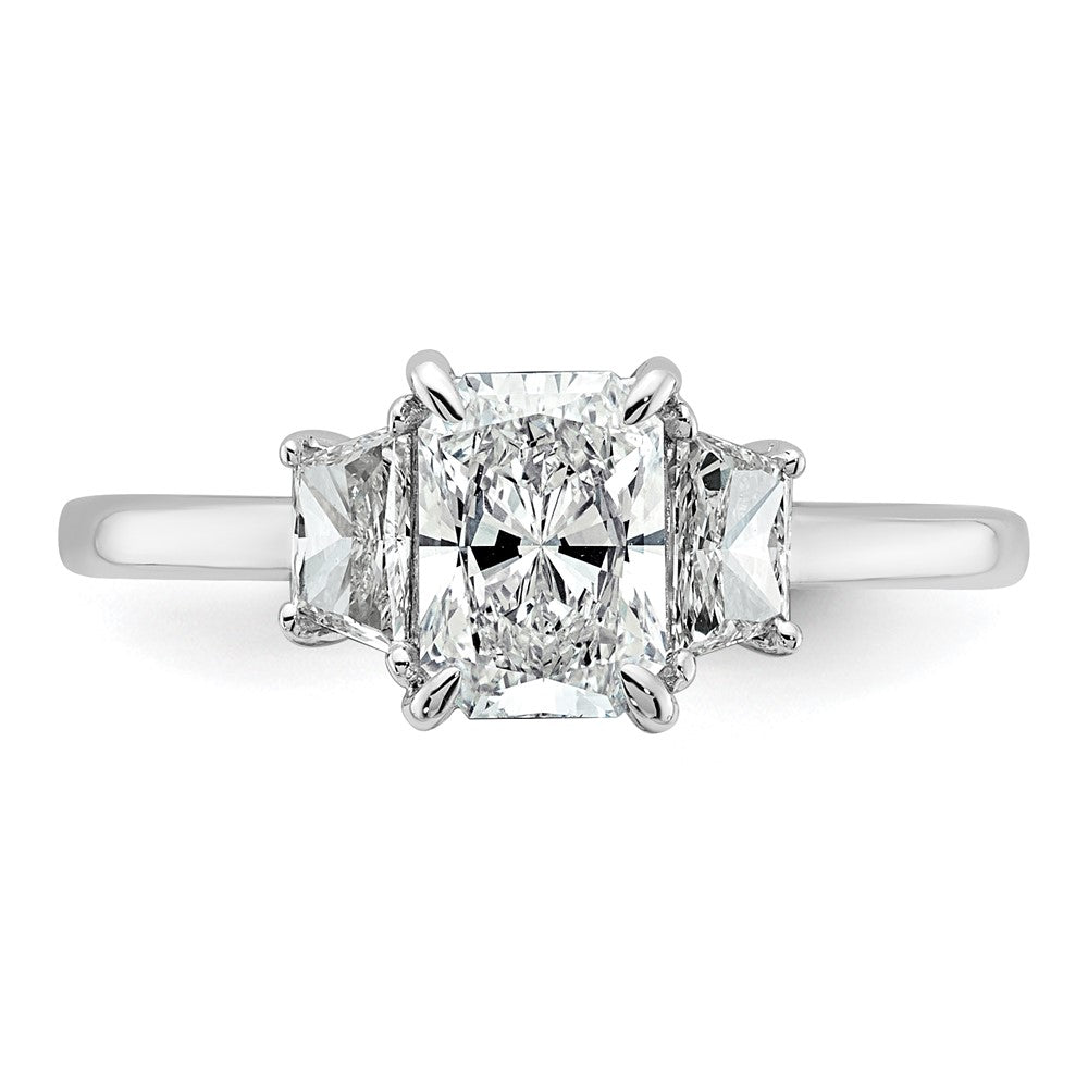 14K White Gold 3/8 carat Lab Grown Diamond VS+ F+ Trapezoid 1 carat Radiant Center Semi Mount Three Stone Engagement Ring