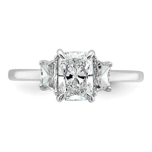 14K White Gold 3/8 carat Lab Grown Diamond VS+ F+ Trapezoid 1 carat Radiant Center Semi Mount Three Stone Engagement Ring
