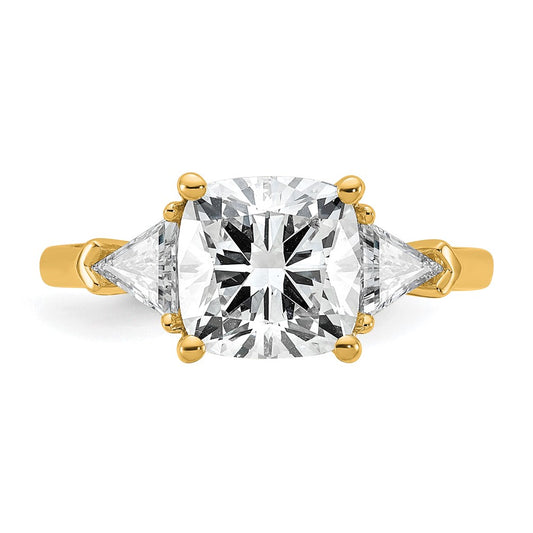 14K Yellow Gold 3 1/8 carat Certified Lab Grown Diamond VS+ F+ Cushion and Triangle Complete Three Stone Engagement Ring
