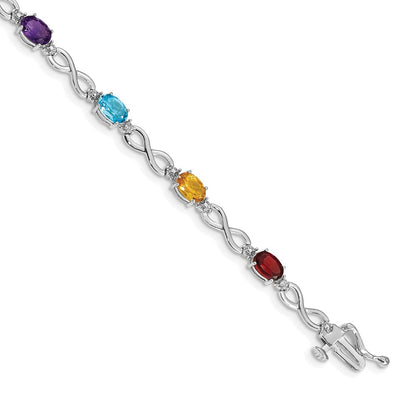 14K White Gold Complete Diamond and Oval Garnet/Swiss Blue Topaz/Citrine/Amethyst/Peridot Infinity 7 Inch Rainbow Bracelet