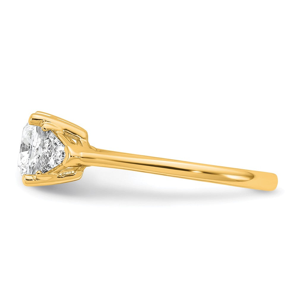 14K Yellow Gold 1/2 carat Lab Grown Diamond VS+ F+ Triangle 1 1/2 carat Cushion Center Semi Mount Three Stone Engagement Ring