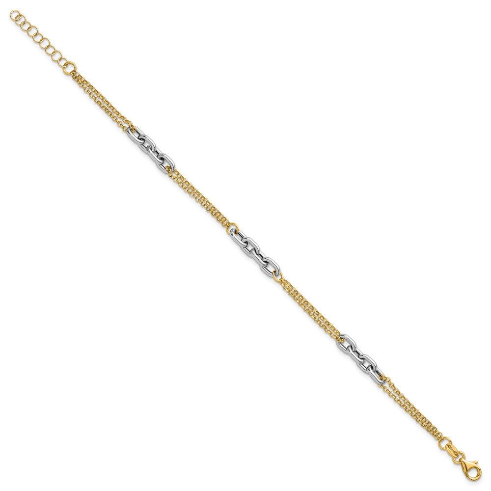 14K Two-Tone Gold Polished Fancy Oval Link and Double Strand Chain 7.25 Inch with 1 Inch extension Bracelet
