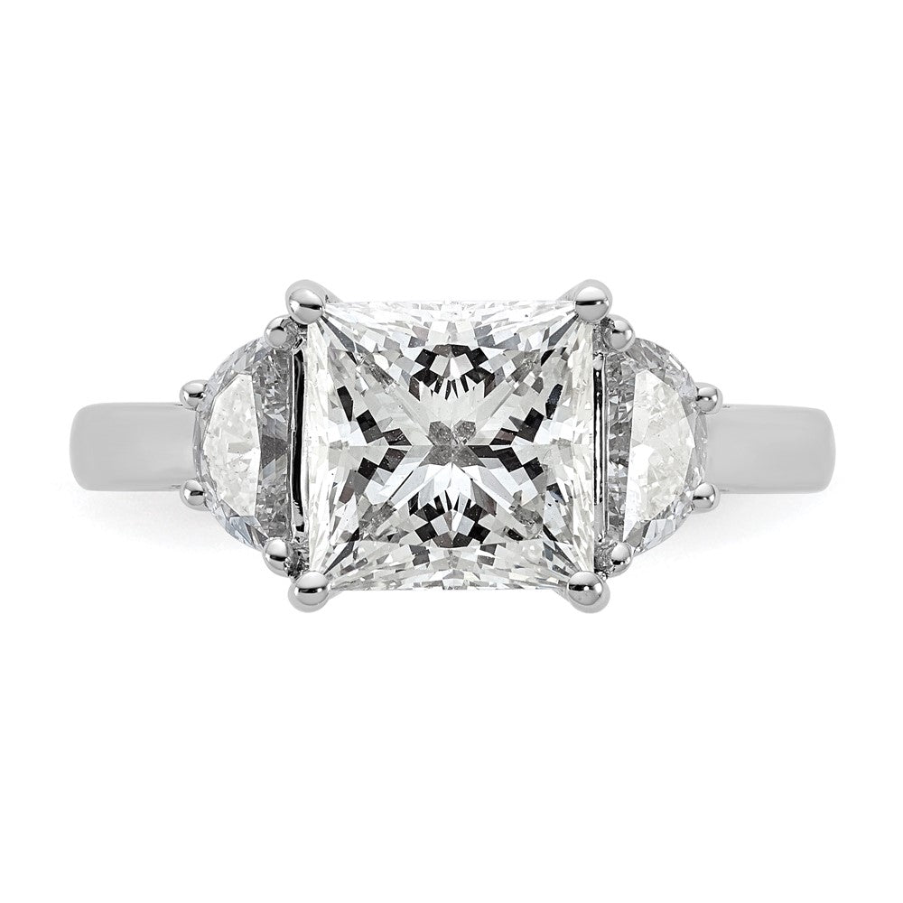 14K White Gold 3 1/8 carat Certified Lab Grown Diamond VS+ F+ Princess and Half Moon Complete Three Stone Engagement Ring
