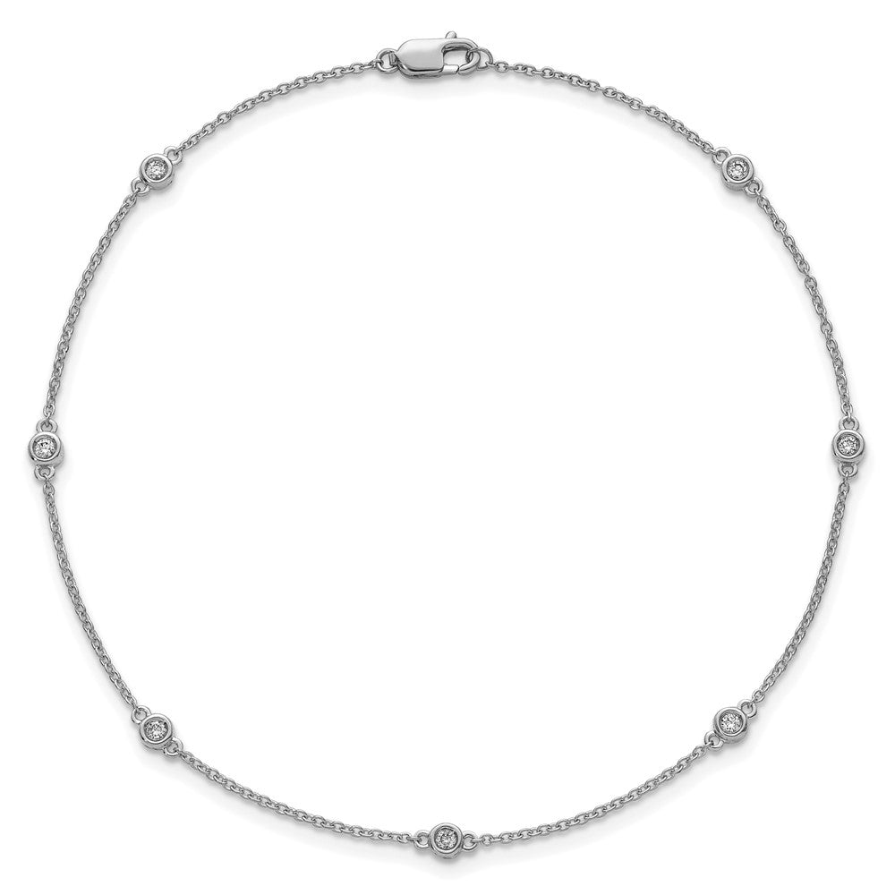 14K White Gold Complete 1/6 carat Bezel-set Diamond and Cable Chain 7-Station 9 Inch Anklet