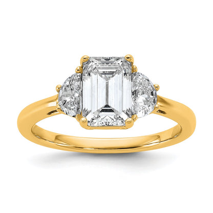 14K Yellow Gold 1/2 carat Lab Grown Diamond VS/SI+ G+ Semi Mount Emerald and Half Moon Three Stone Engagement Ring