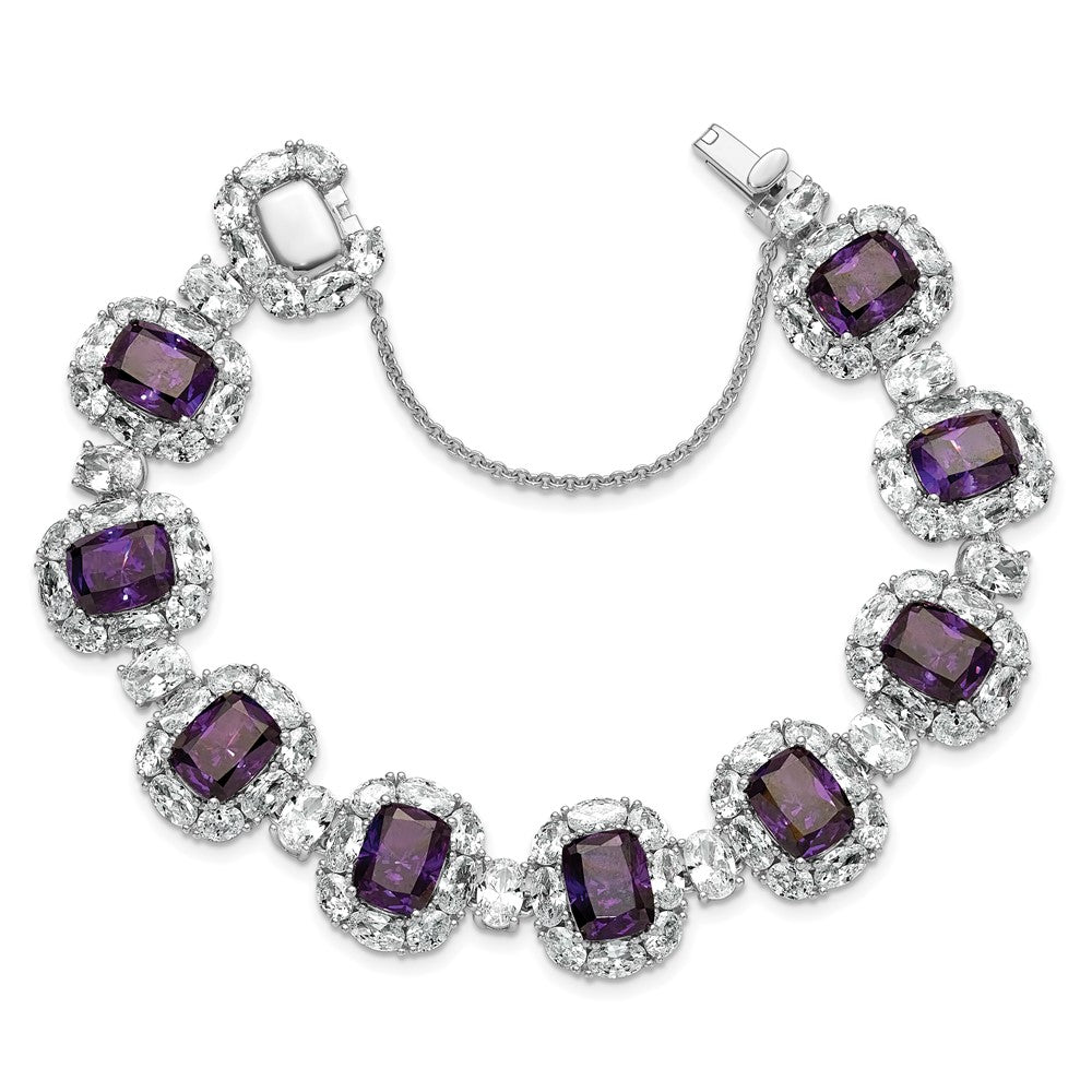 Cheryl M Sterling Silver Rhodium-plated Polished Fancy Purple and White CZ Halo Cluster with Safety Chain 7 Inch Bracelet