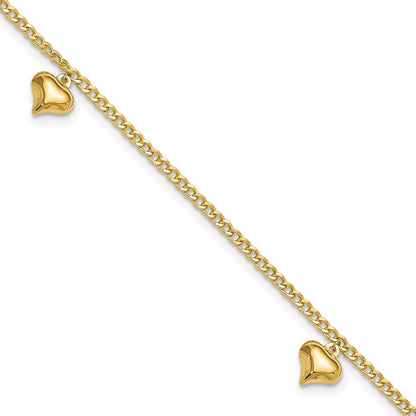 14K Yellow Gold Polished Curb Chain with 3 Puffed Heart Dangles 9 Inch Plus 1 Inch Extender - Total 10 Inch Anklet
