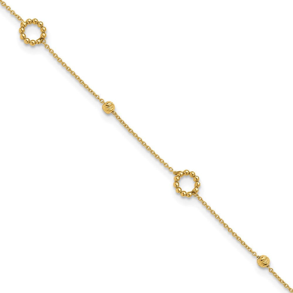 14K Yellow Gold Circle and Diamond-cut Bead 10 Inch Plus 1 Inch Extender - Total 11 Inch Anklet