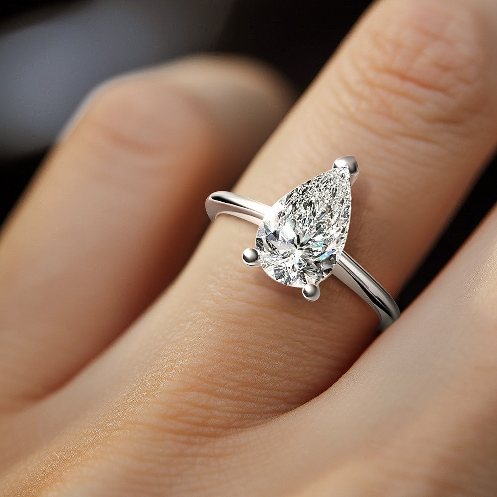 14K White Gold 2 1/2 carat Lab Grown Diamond VS+ F+ Pear Solitaire Complete Engagement Ring
