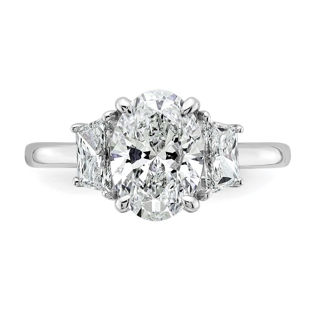 14K White Gold 3/4 carat Lab Grown Diamond VS+ F+ Trapezoid 2 carat Oval Semi Mount Three Stone Engagement Ring
