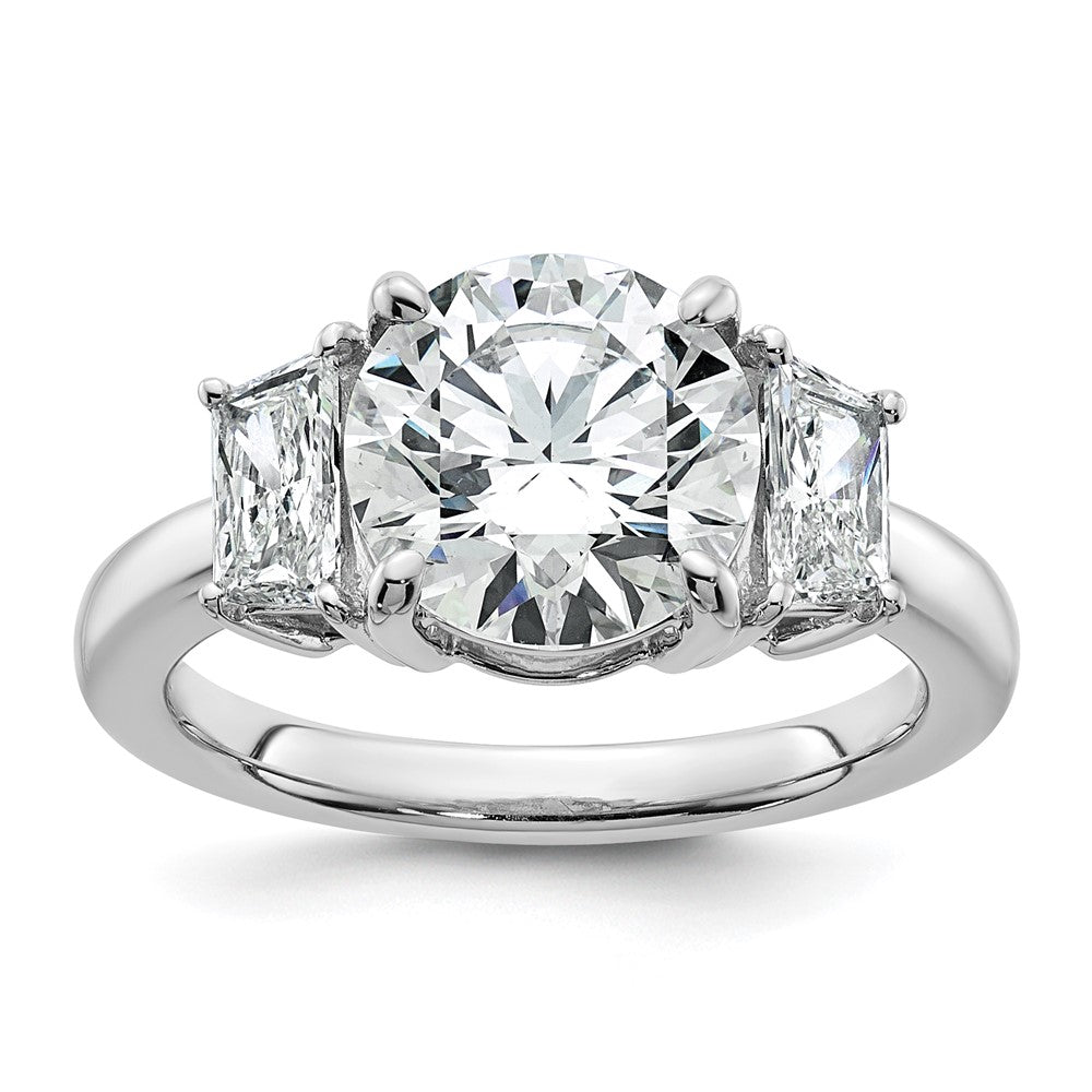 14K White Gold 3 3/4 carat Lab Grown Diamond VS+ F+ Round with Trapezoid Sidestones Complete Engagement Ring