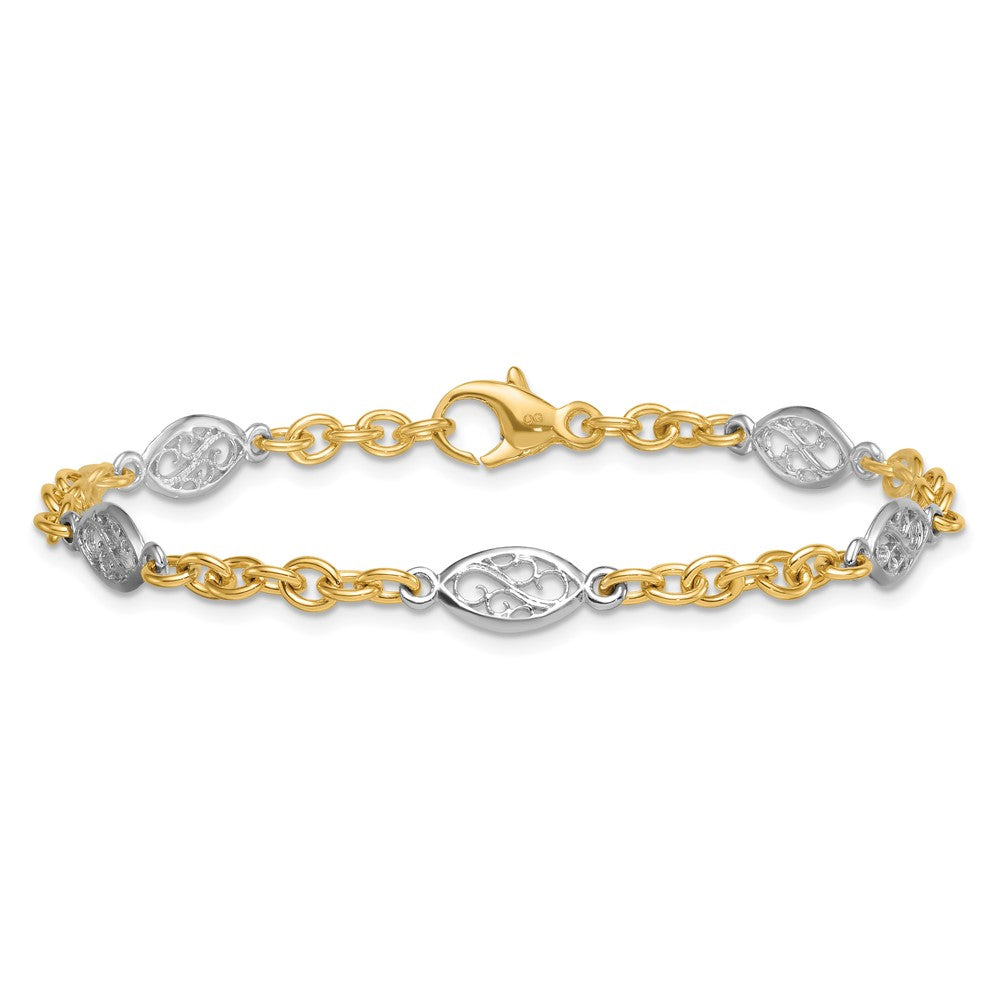 14K Two-Tone Gold Two-tone Polished 6.5mm Fancy Cable Chain and Filigree Oval 7.25 Inch Bracelet