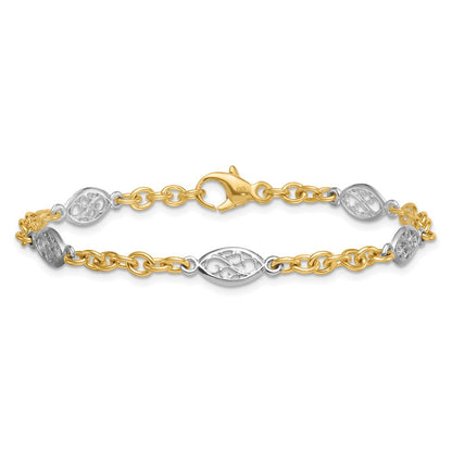 14K Two-Tone Gold Two-tone Polished 6.5mm Fancy Cable Chain and Filigree Oval 7.25 Inch Bracelet