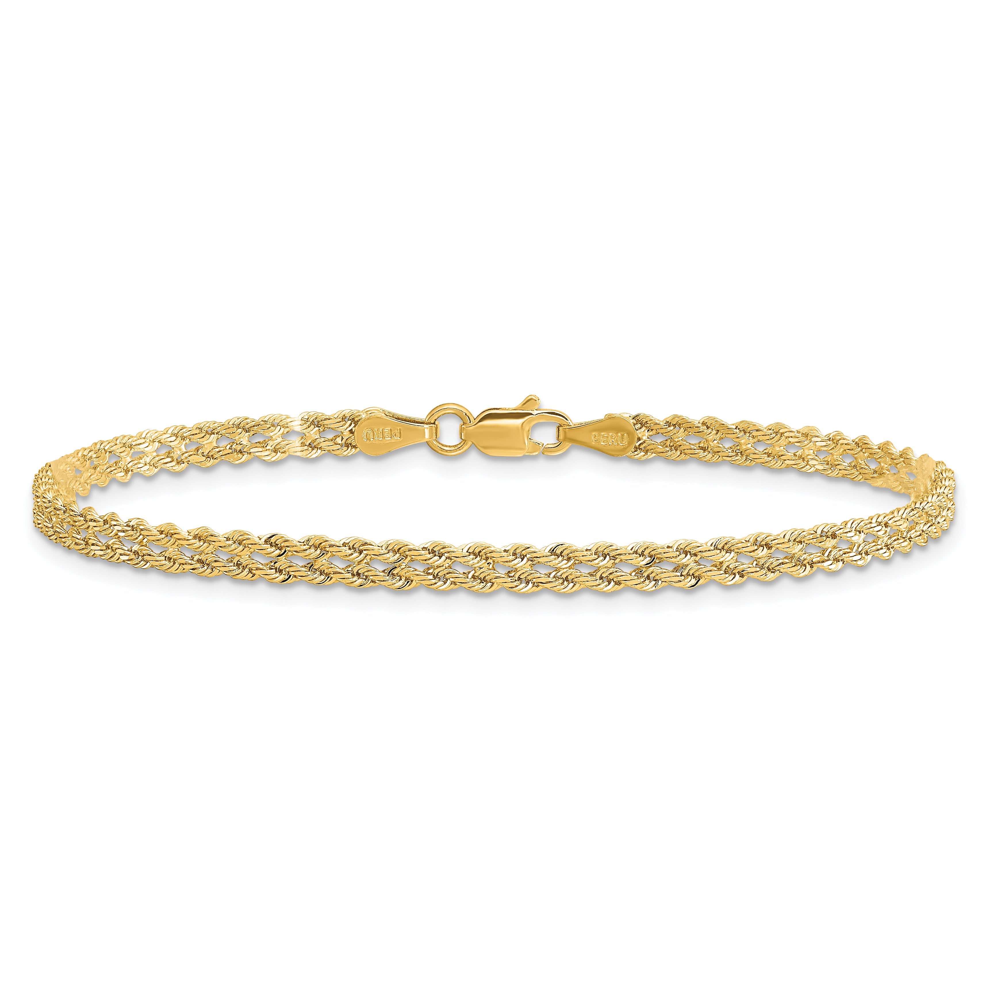 7 Inch 14K Yellow Gold 3.0mm Wide Diamond Cut Double Rope Chain Bracelet