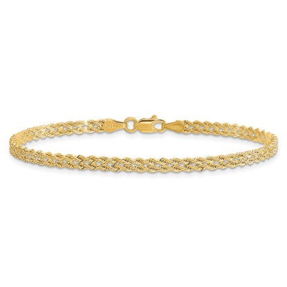 7 Inch 14K Yellow Gold 3.0mm Wide Diamond Cut Double Rope Chain Bracelet