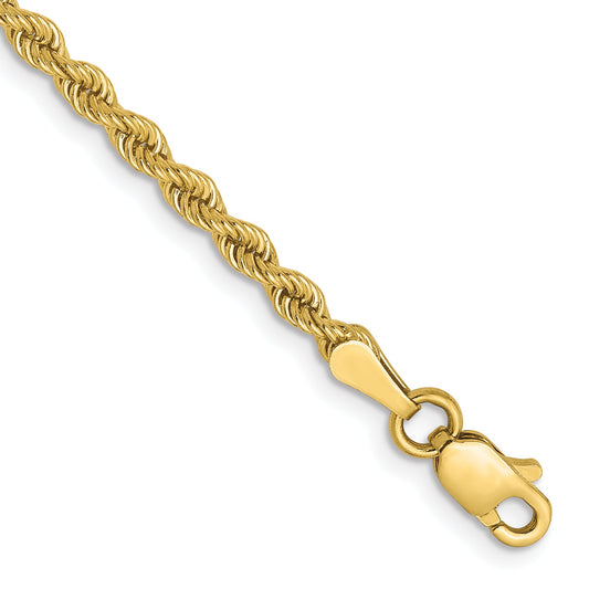 7 Inch 10K Yellow Gold 2.5mm Solid Regular Rope Chain Bracelet