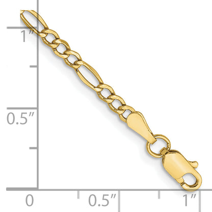 7 Inch 10K Yellow Gold 2.5mm Semi Solid Figaro Chain Bracelet