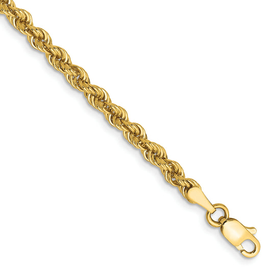 7 Inch 10K Yellow Gold 3mm Solid Regular Rope Chain Bracelet