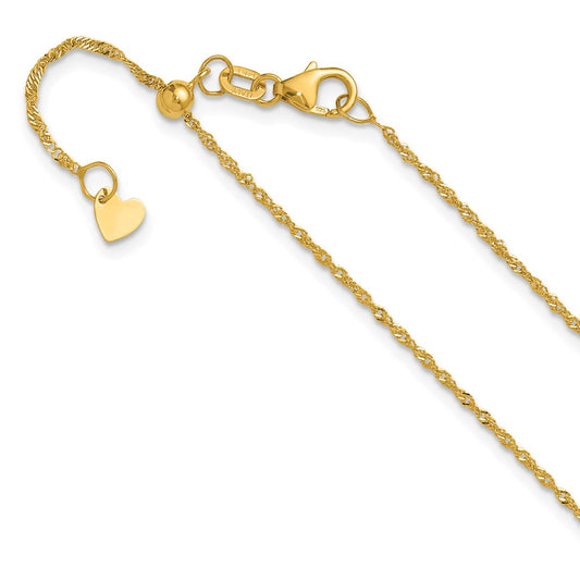 22 Inch 10K Yellow Gold Adjustable 1.1mm Singapore Chain Necklace